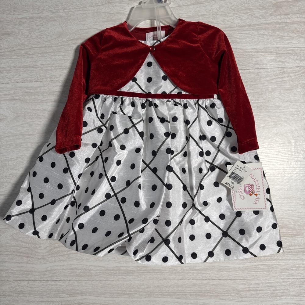 New Marmellata infant girl's dress Black & White Polka Dot Velvet Shrug 18mths